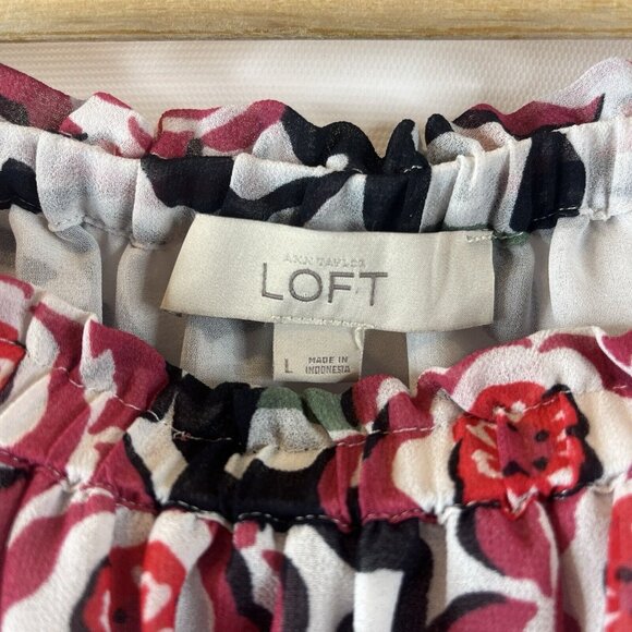 Loft Womens Blouse Top Size Large White Red Black Floral Flare Sleeve Peasant - Picture 3 of 9